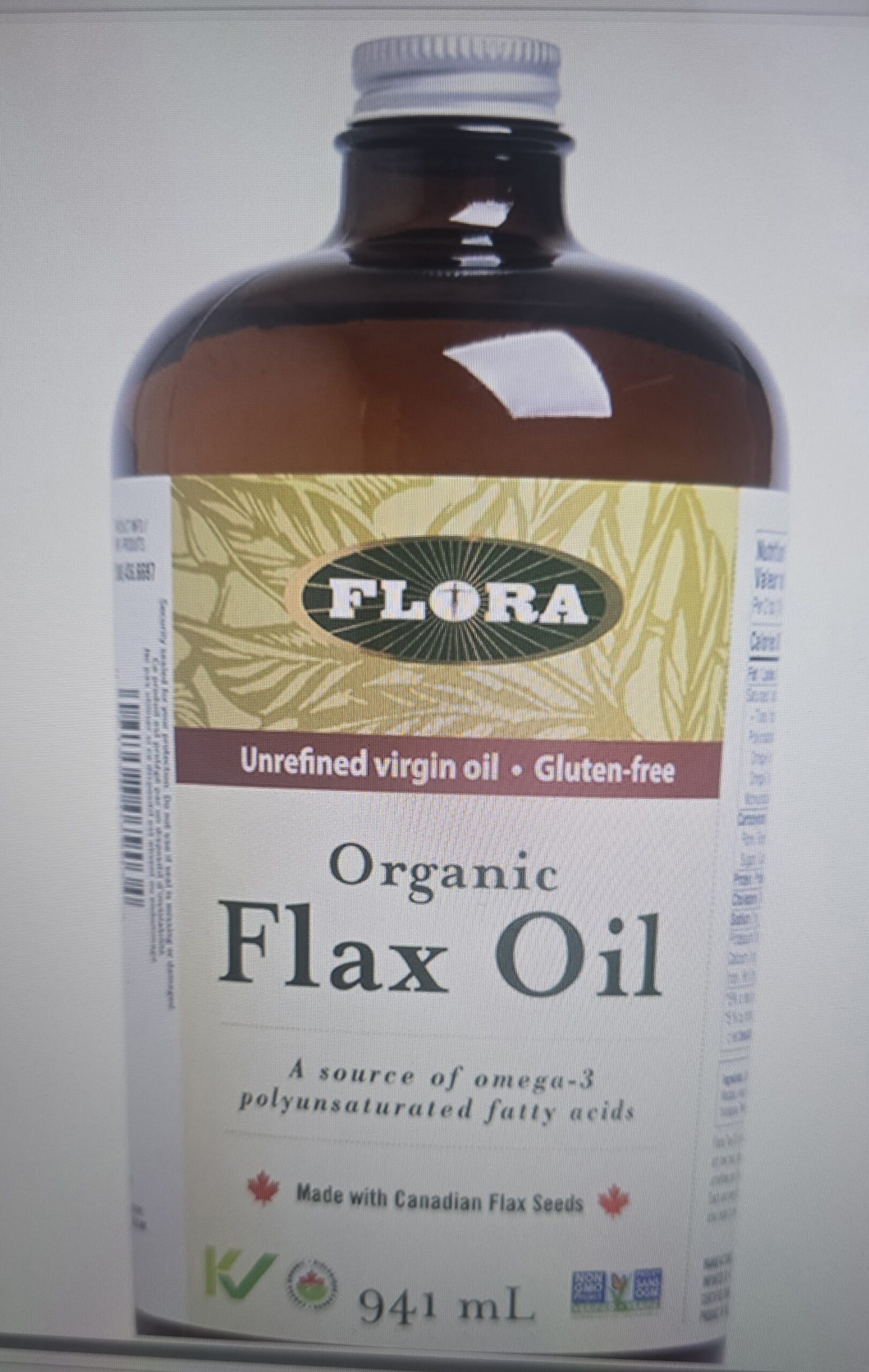Flora Health Certified Organic Cold-Pressed Flax Oil – Non-GMO, Gluten-Free, Kosher – Omega Fatty Acids for Wellness – 941 mL in Glass Bottle.